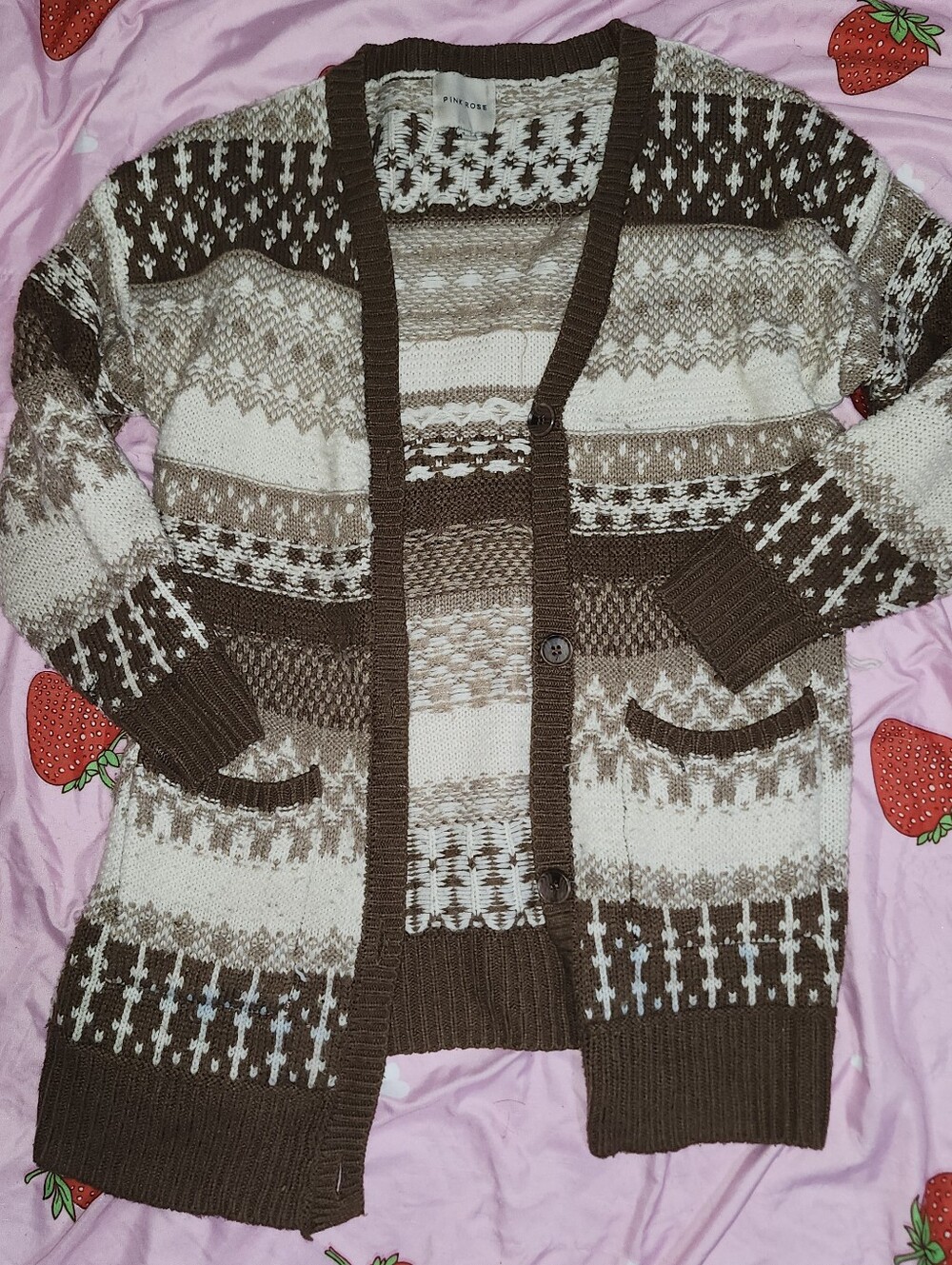 Pink rose brand brown and beige cardigan with pockets women's size small